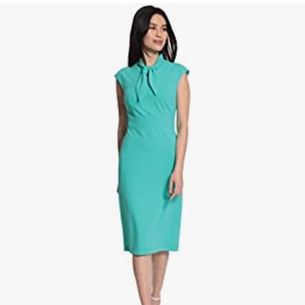 Maggy London green Mock neck tie Stretch Crepe Cap Sleeve Sheath Dress size 0